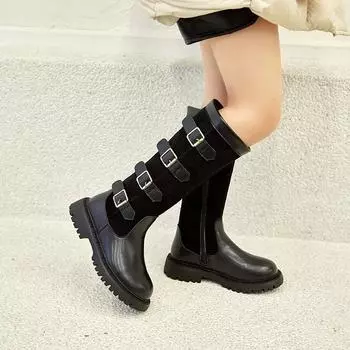 2024 New Girls High Boots Buckle PU Side Zip Non-slip Children Fashion Boots Chic Kids Color Matching Breatheable Catwalk Boot 27 чёрный