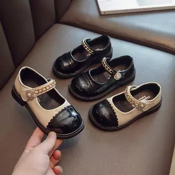 2024 New Girls Leather Shoes Versatile Chains Pearls Shallow Children Shallow Loafers Kids Shoes Soft Breatheable Cool Glossy PU 26 чёрный