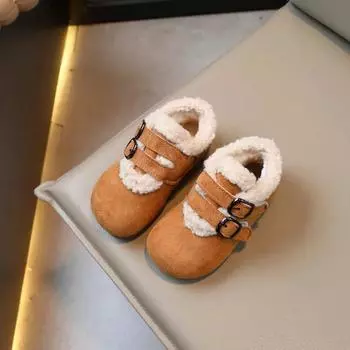 2024 New Girls Moccasin Shoes Fashion Leather Shoes Buckle Chic Children Casual Shoes Round-toe Platform Loafer Cotton Kids Flat 22 верблюд