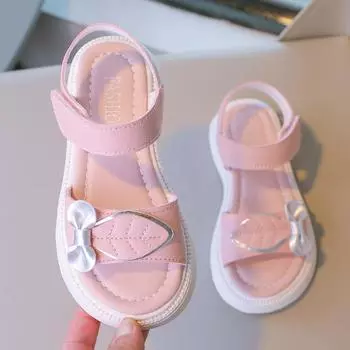 2024 Новые сандалии для девочек Leaves Fashion Kids Shoes Корейский стиль Детская повседневная обувь Простая платформа с липучкой Дышащий ПУ 26 розовый