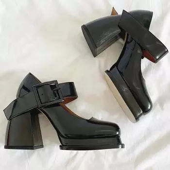 2024 New Gothic High-heeled Shoes Women Pumps Korean Version of The Wild Thick with Square Head Retro Mary Jane Women s Shoes 4.5 чёрный