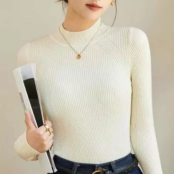 2024 New Half Turtleneck Fashion Pullover Sweater Women New Slim Long Sleeve Knitted Bottoming Shirt Autumn and Winter Casual Basic Top Clothes 2584 One Size чёрный