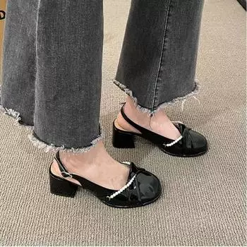 2024 Новые женские туфли на высоком каблуке Модные роскошные босоножки Мэри Джейн на толстом каблуке с жемчугом Обувь для женщин Sandalias De Mujer 35