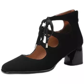 2024 new high heels fairy temperament evening breeze gentle single shoes Roman straps square head lace-up rear zipper shoes 35 чёрный