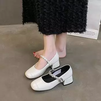 2024 New High Quality Spring and Autumn Versatile Women s High Heel Shoes Rhinestone Solid Color Thick Heel Square Toe Shoes 35 серебряный