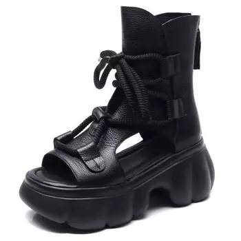 2024 New High Quality Women Sandals Handmade Retro Wedges Heel Sandals Ladies Summer Back Zipper Platform Roman Cool Boots 34 чёрный