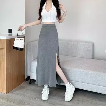 2024 New High-Waist A-Line Slit Skirt with Mid-Length Drape M (100-110 cm) чёрный