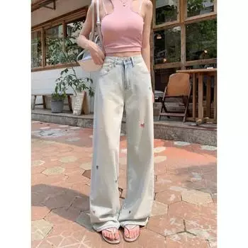 2024 Новые брюки из денима с высокой талией, женские летние дизайнерские брюки с вышивкой Sense Bow, универсальные широкие брюки-швабры, мода L синий