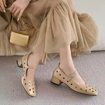 2024 Новые женские туфли на среднем каблуке из натуральной кожи с пряжками, весна-лето, модные мягкие кожаные туфли Мэри Джейн, женские 34 чёрный