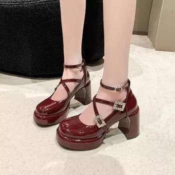 2024 New Hot Selling Solid Color Fashionable Square Heel Rhinestone Buckle Women s Heeled Single Shoes Banquet Party Zapatos 35 бежевый