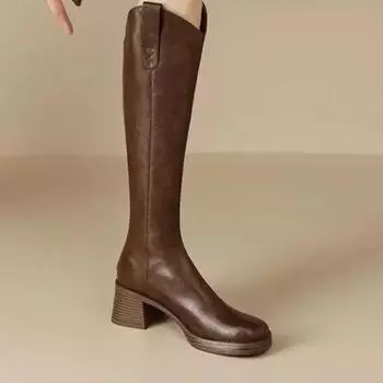 2024 Новые популярные женские сапоги на молнии на толстом высоком каблуке Простые толстые высокие каблуки Осенние и зимние сапоги до колена Zapatos 35 коричневый
