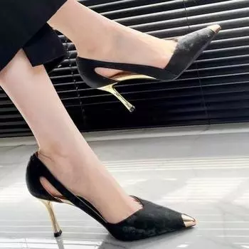 2024 новые женские туфли на высоком каблуке с острым носком и железной головкой, темпераментные танцевальные туфли для партнеров, полые женские туфли, свадебные банкетные босоножки на высоком каблуке 34 чёрный