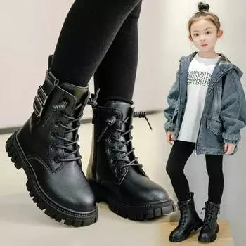 2024 New Kids Fashion Casual Boots Buckle PU Children Girls Short Boots Drop Shipping Simple Non-slip Child Princess Ankle Boots 27 чёрный