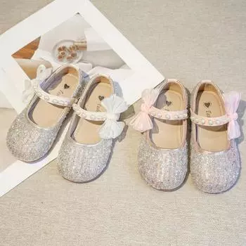 2024 Новые детские туфли из кожи для девочек, расшитые блестками, с бантом и жемчугом на платформе, простые детские модные повседневные туфли Мэри Джейн для вечеринок, свадебных шоу 23 бежевый