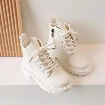 2024 New Kids Shoes Girls Boots Side Zipper Narrow Band Britain Style Children Fashion Casual Short Boots for Boys Beige Flats 26 бежевый