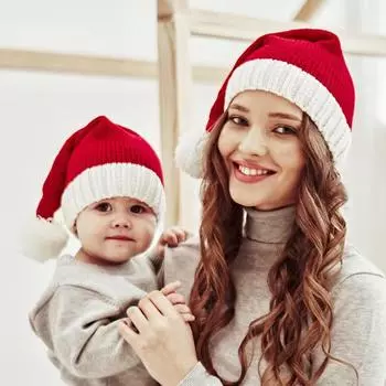 2024 NEW Knitted Christmas Hat Cute Pompom Adult Child Soft Santa Cap Merry Christmas New Year Festival Party Decoration as picture