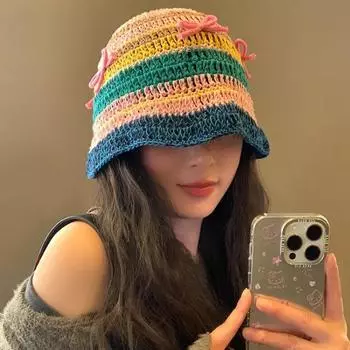 2024 Новая корейская версия цветной плетеной шляпы-ведра с бантом для женщин на весну и лето, солнцезащитный козырек от солнца для отдыха на берегу моря 56-58cm