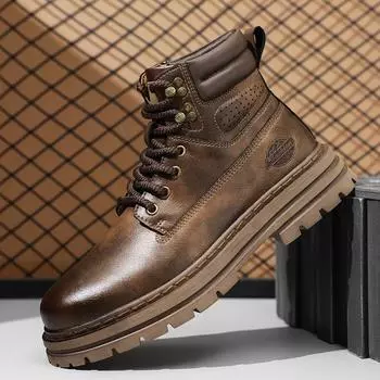 2024 New Lace-Up Ankle Boots All-match Male Motorcycle Boots Genuine Leather Mens Sneakers Handmade Male High Top Casual Shoes 39 чёрный