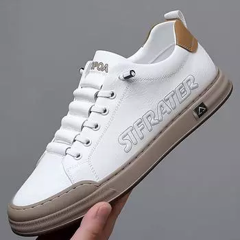 2024 New Lace-Up Male Comfortable Casual Shoe Genuine Leather Breathable Mens Sneakers All-match High Quality Skate Shoes Men 38 белый
