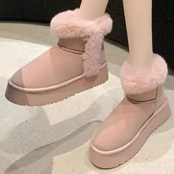 2024 New Ladies Shoes Slip on Women s Boots Winter Round Toe Solid Flock Plush Warm Mid Heel Water Proof Concise Snow Boots 35 малиновый
