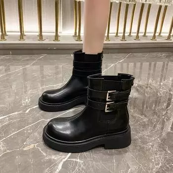 2024 New Ladies Shoes Zipper Women s Boots Winter Round Toe Solid Short Barrel Chunky Heels Fashion Boots Zapatos De Mujer 35 чёрный