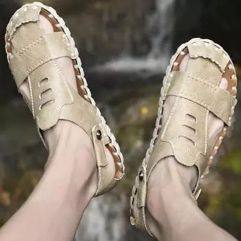 2024 New Leather Baotou Beach Shoes Casual Sandals Men Black Beige Fashion Outdoor Wading Shoes Breathable Quick Drying Shoes 38 бежевый