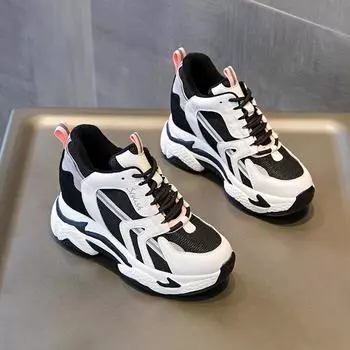 2024 new leather inner heightening thick-soled versatile breathable non-slip casual women s shoes low-top sports Internet celebrity dad shoes 34