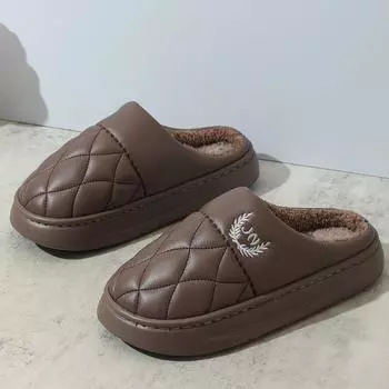 2024 new leather men s cotton slippers home indoor cold and warm velvet PU waterproof cotton slippers men s winter 42-43 кофейный