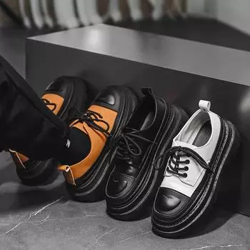 2024 new leather shoes men s shoes Hong Kong style lace-up low-top square head leather shoes youth casual shoes Martin shoes 39 белый