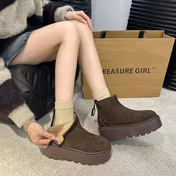 2024 new leopard print velvet snow boots winter thick-soled warm short boots women s casual muffin back zipper cotton shoes tide 35