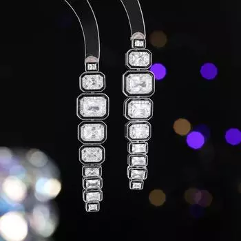 2024 new light luxury geometric splicing design sense zircon long earrings women s s925 silver needle square earrings белый