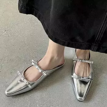 2024 New Luxury Bowknot Mary Jane Womens Pointed Shiny PU Leather Flat Ballet Shoes Party Dress Women Slippers Zapatos De Mujer 35 чёрный