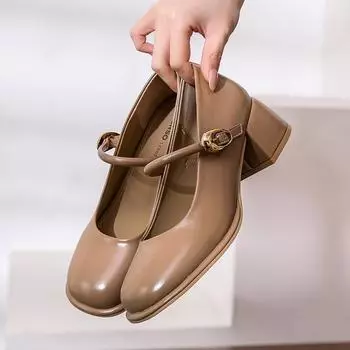 2024 New Marry Janes Shoes Womens Office Platform Round Toe Buckle Strap Thick Med Heel Shoe Ladies Casual Pumps 34 бежевый