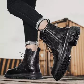 2024 new Martin boots men s Korean version British black platform heightening men s boots autumn side zipper high-top leather shoes 38