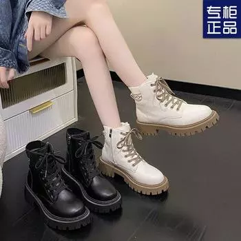 2024 new Martin boots women s single boots winter velvet cotton boots British style spring and autumn flat bottom thin short boots 35 белый
