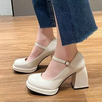 2024 new Mary Jane Shoes Women High Heels Elegant French Round Toe Buckle Strap Pumps Lady Summer Platform Banquet party Pumps 4.5 бежевый
