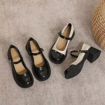 2024 New Mary Jane Shoes Women s French Contrast Leather Shoes British Style Thick Heel Thick Sole High Heels Shoes for Women 34 бежевый