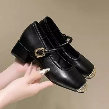 2024 New Mary Janes Shoes Women s Mueller Shoe Elegance Bling Pacthwork Soft Leather Buckle Belt Mid Thick Heels Office Shoeses 35 чёрный