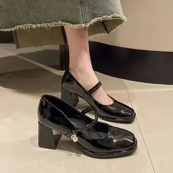 2024 New Mary Janes Vintage Sandals Woman Pearl Buckle Non-Slip Casual Medium Heels Office Pumps Ladies Solid Elegant Heels 35 чёрный