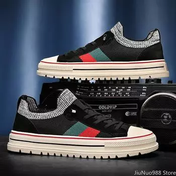 2024 Новые мужские повседневные туфли весна-лето полосатые уличные крутые мужские туфли для скейтбординга на плоской подошве дышащие трикотажные мокасины без застежек 39