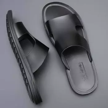 2024 New Men Leather Slipper Summer Fashion Slides Simple Sandals Comfortable Cool Beach Shoes 39 чёрный