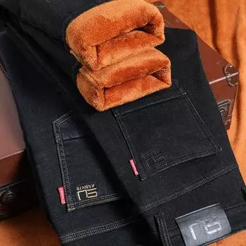 2024 Новые мужские деловые повседневные брюки с бархатными прямыми теплыми брюками, согревающие эластичные джинсовые брюки 28 чёрный