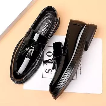 2024 New Men s Casual Business Leather Shoes Bright Black Wedding Banquet Dress Leather Shoes Large fashion Men s Shoes 38-48 38 чёрный