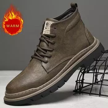 2024 New Men s Plush Cotton Boots Men s British Style High Top Shoes Men s Business Leather Shoes Outdoor Men s Casual Shoes 37 чёрный