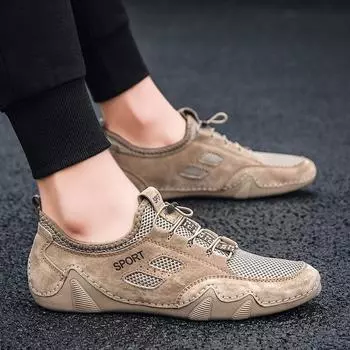 2024 Новая мужская обувь из коровьей кожи, летняя дышащая сетка, тонкая антизапаховая сетчатая обувь, спортивная повседневная кожаная обувь 38 дубильная кора