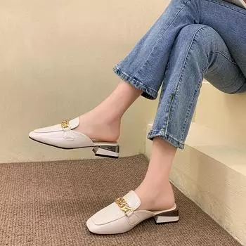 2024 New Metal Chain Mules Women Square Toe Ladies Striped Shoes Summer Fashion Sandals Square Root Leisure Slippers Women s 35 белый