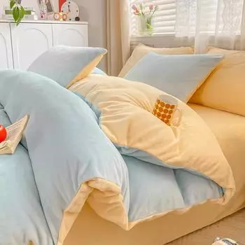 2024 New Milk Fleece Single Bedding Set Double Cream Wind Solid Color Quilt Cover Autumn Winter Thickened Warm Bedding 220x240 Only 2 pillowcases