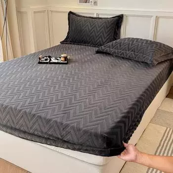 2024 New Milk Velvet Carved Single Bedding Water Ripple Solid Color Bedspread 360 Degree Wrap with Elastic Mattress Cover Only 2 pillowcases