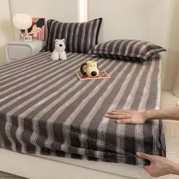 2024 New Milk Velvet Stripe Single Bedding Extra Fleece and Thickened Warm Bedspread 360 Degree Wrap with Elastic Sheet Cover Only 2 pillowcases
