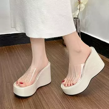 2024 new muffin heightened slope heel beach sandals transparent belt high heel thick bottom one-word slippers women wear summer 35